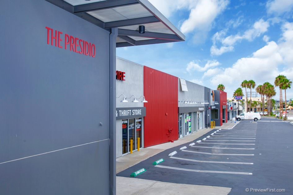 Vibrant red facade of exterior retail center redesign