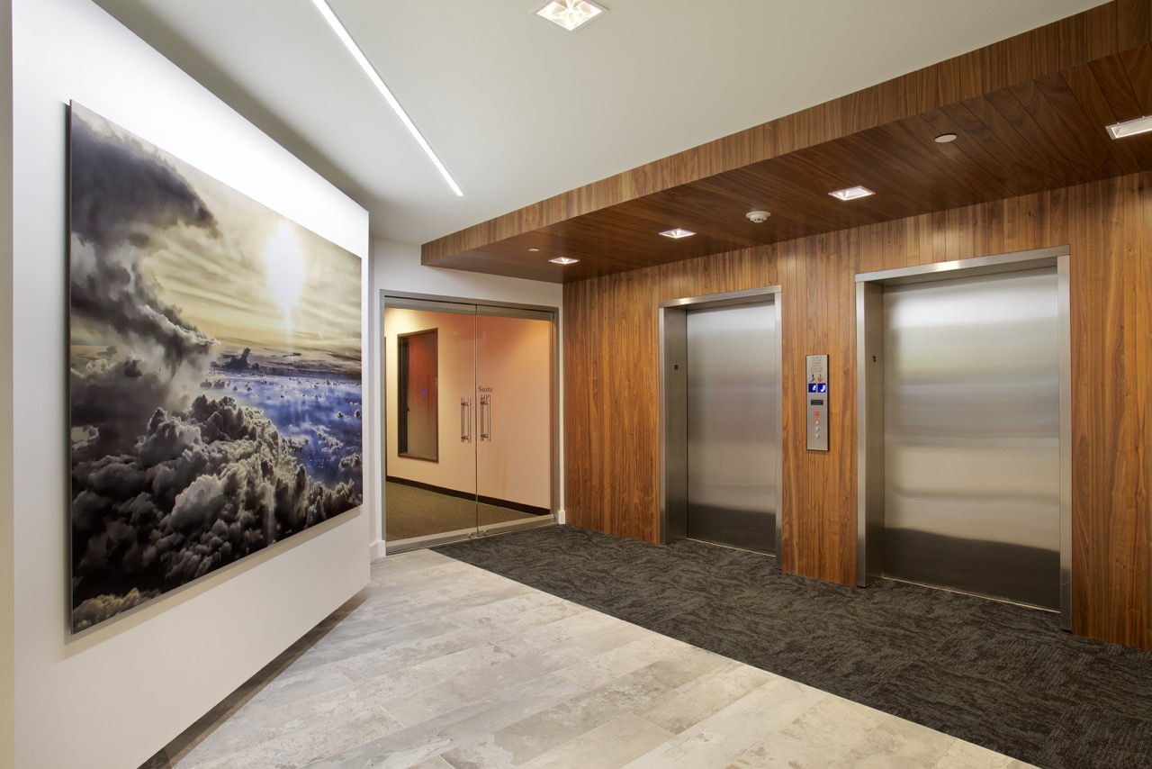 Elevator lobby interior design with wood