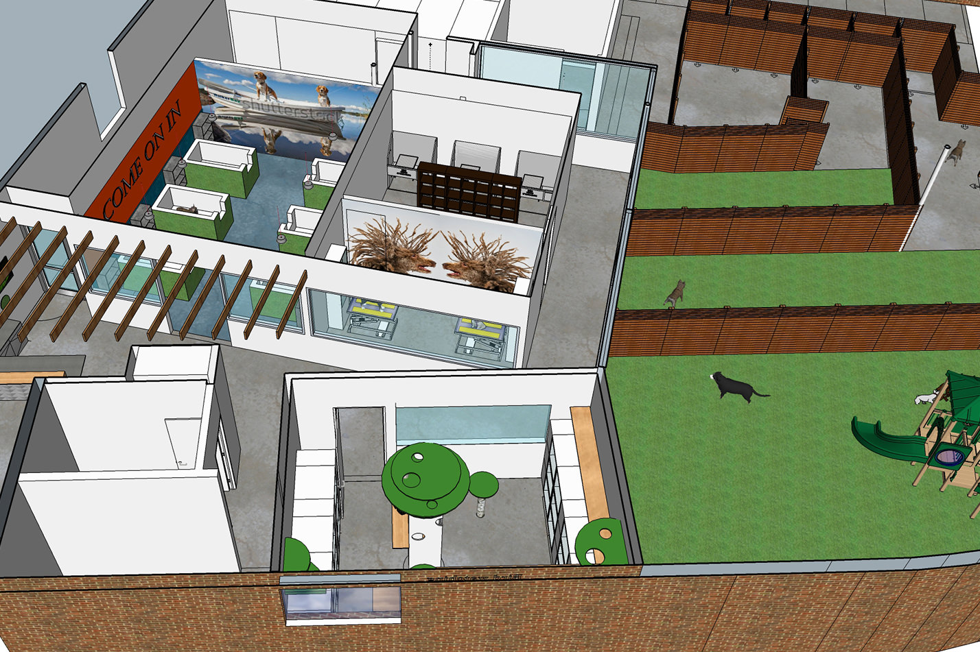 Space planning and graphics in SketchUp model designed by creative interior design firm