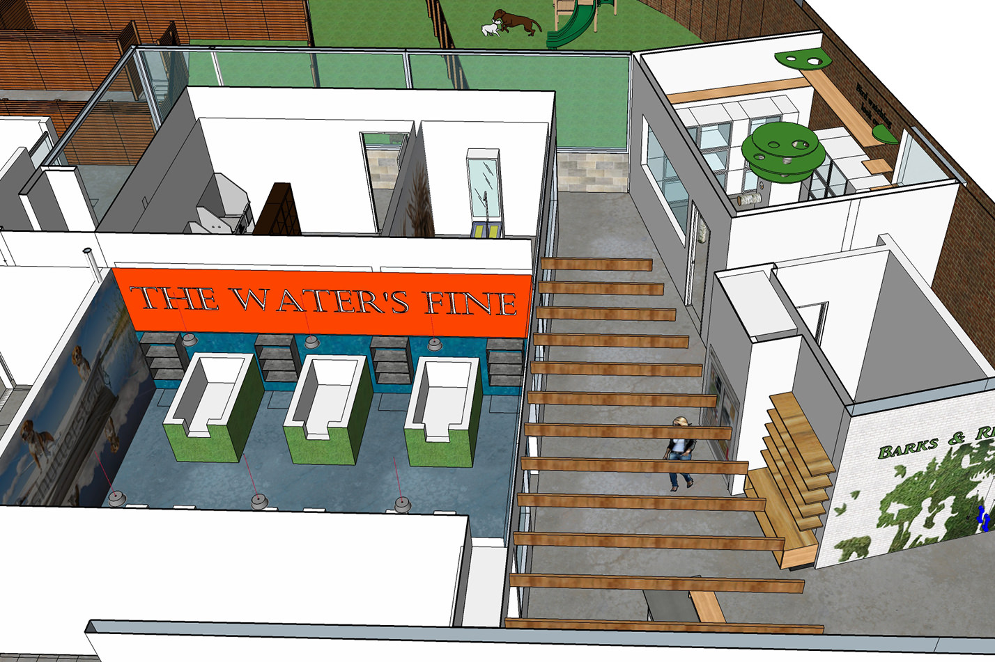 Space planning and graphics in SketchUp model designed by creative interior design firm