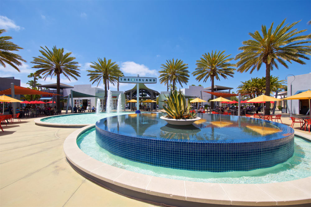 Fountain with palm trees in reimaged retail square