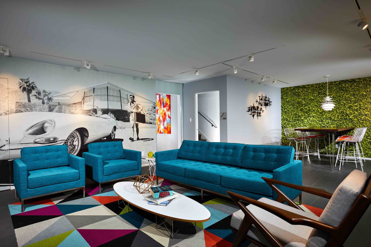 Colorful furniture in community room of newly remodeled apartment building