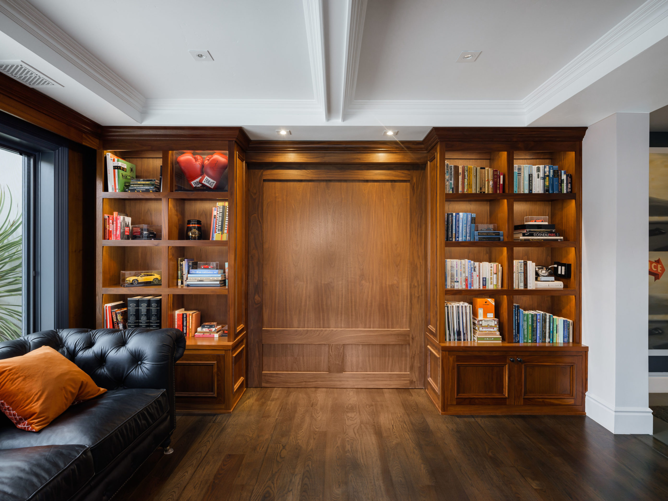 bookshelves and wood paneling