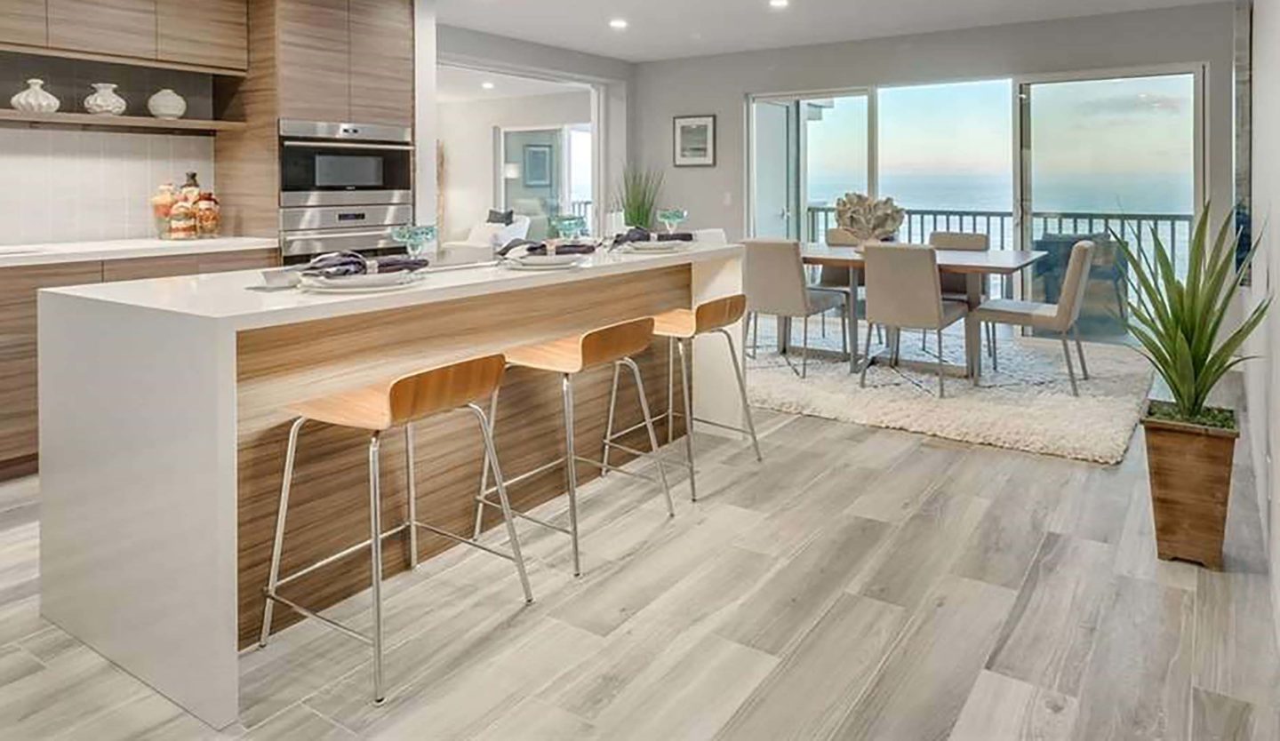 View of beautiful interior design kitchen in Solana Beach with beach materials