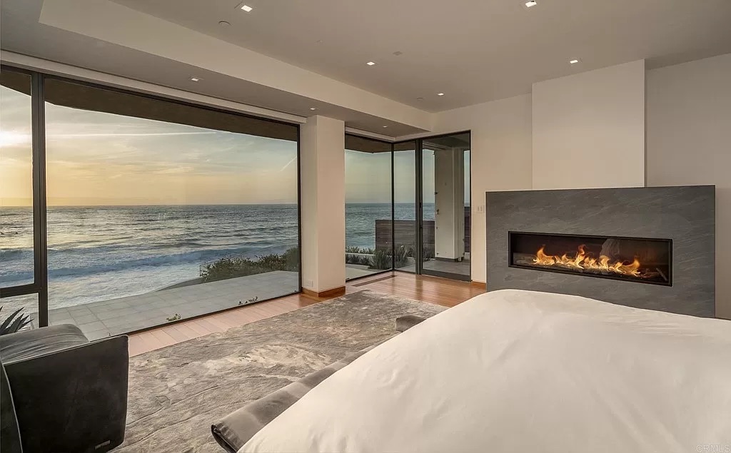 san diego master bedroom ocean view and fireplace