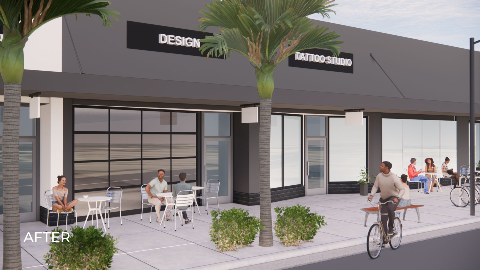 exterior rendering building storefront design with signage, plants, people, tables, outdoors