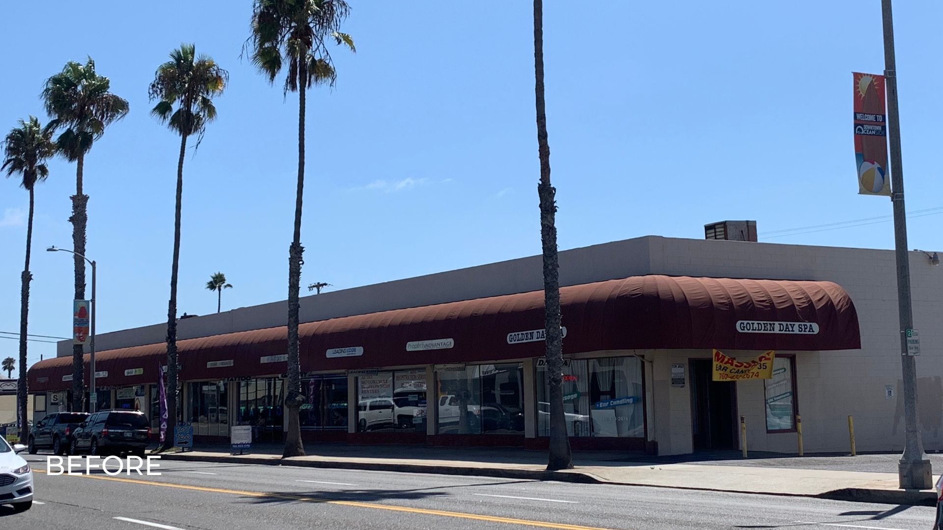 exterior building storefronts in california, plants, palm trees