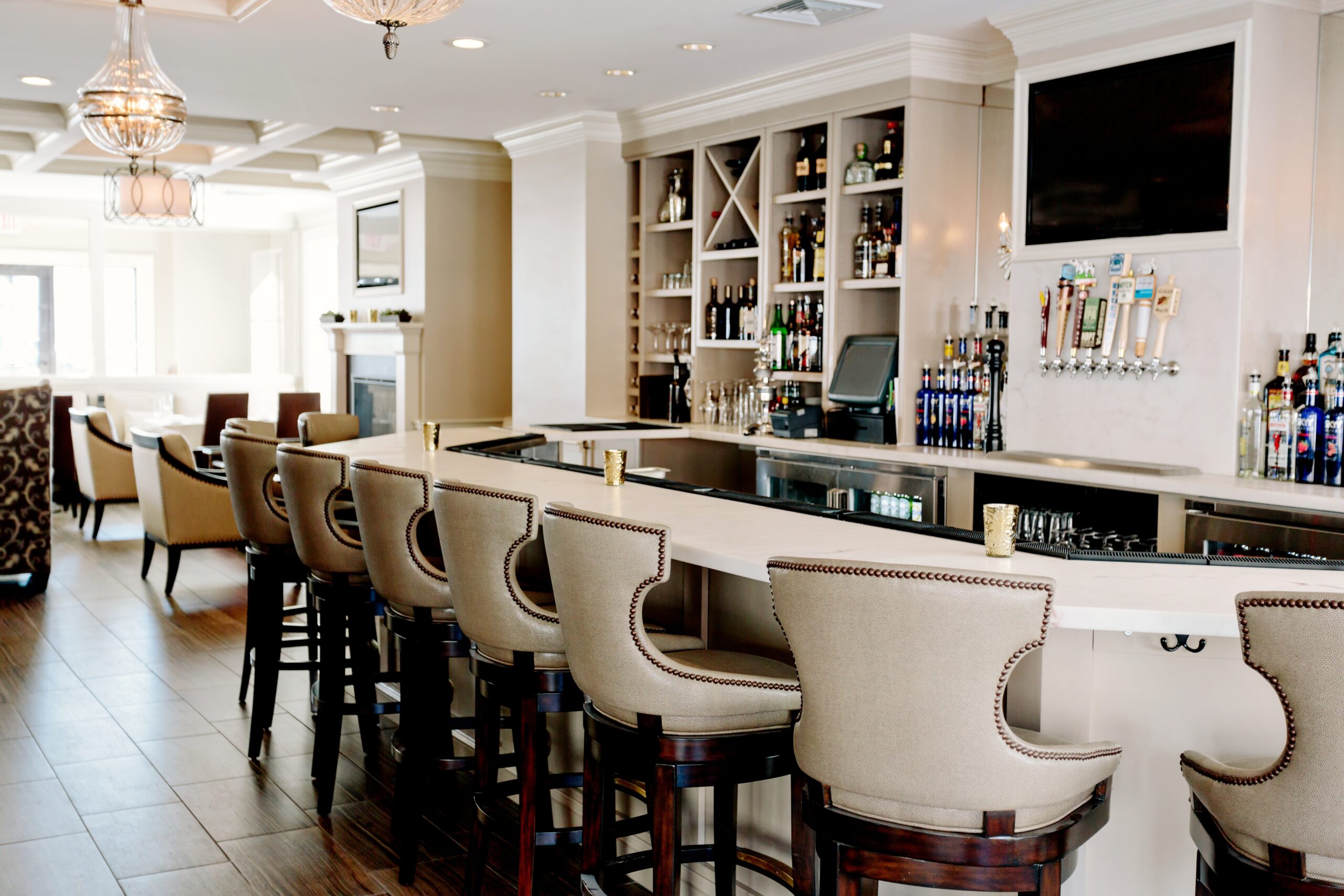 Restaurant interior design bar and bistro with white counter and chairs