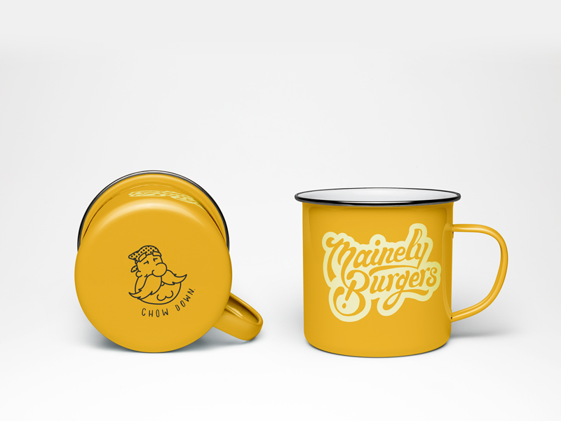 Casual Burger Restaurant Logo Design on two yellow mugs